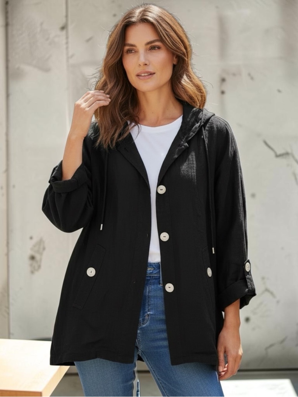 Women’s Black Linen Hooded Button-Front Jacket Jones New York Size Small